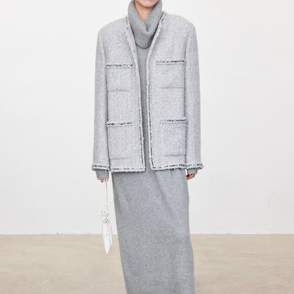 CHICJOC Handwoven Tweed Coat – Moonlight Grey with Night-Sky Sequin Fringe, Size - Picture 2 of 16